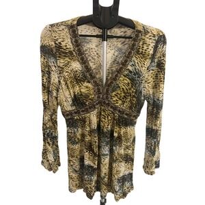 Mushka by Sienna Rose Animal Print Beaded V Neck Long Sleeve Tunic Top M